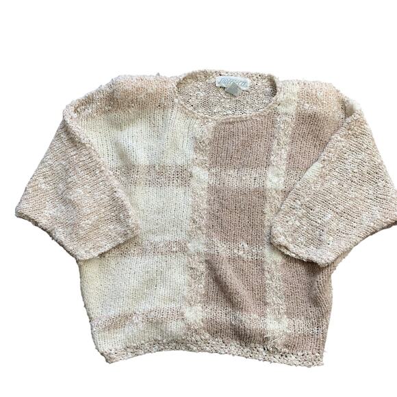 Vintage 90s Side Effects Hand Knit Acrylic Sweater White Beige Checked MEDIUM - Picture 1 of 13